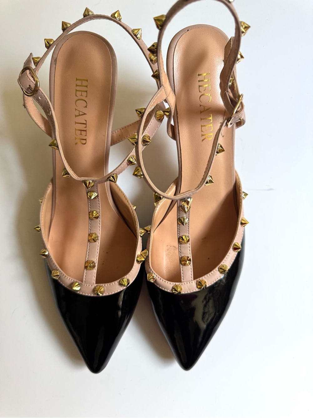 Hecater Stud-Trim Black Patent Pointed Toe Midi Heel with Nude Straps - Picture 2 of 6
